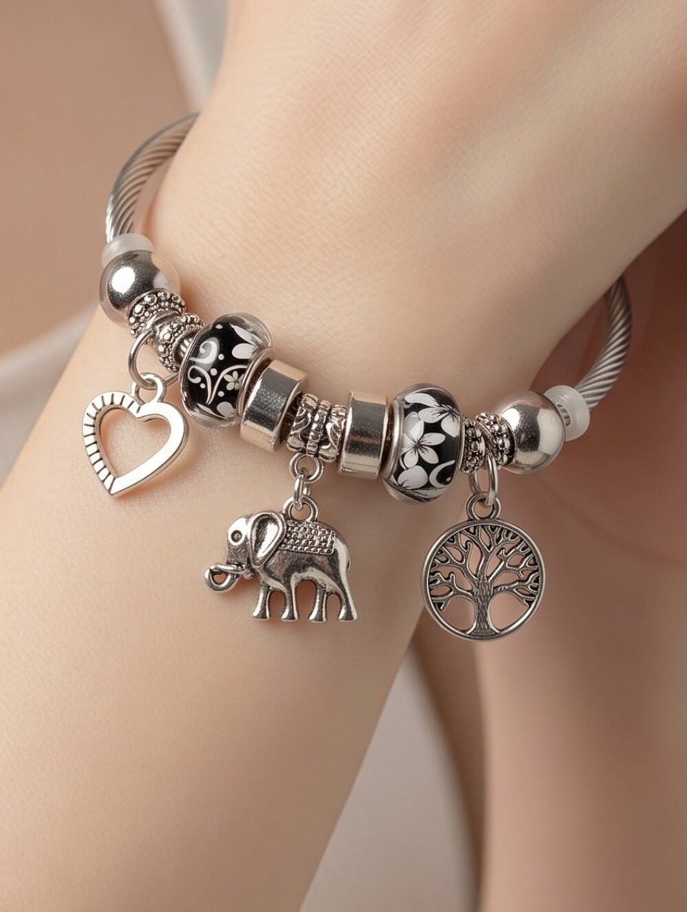 Elephant Charm Bracelet Tree of Life Silver Bangle Boho Symbolic Jewelry Gift
